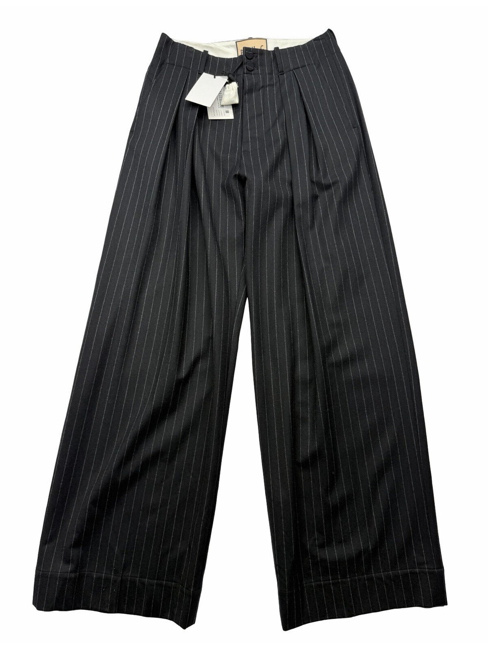 Plan C Wool Wide Leg Pleated Trousers Pinstripe Black Size IT 40 | US 4